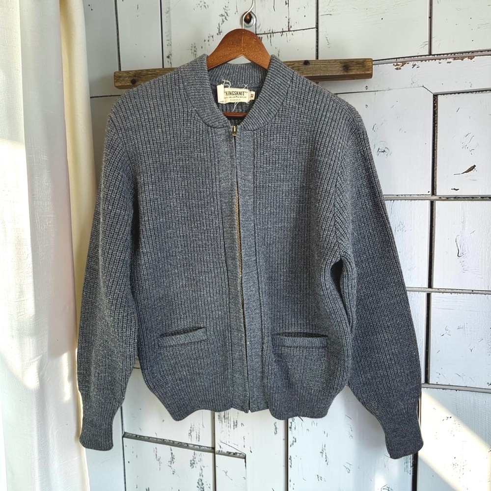 Vintage 50s 60s Orlon Zip Cardigan Kingsknit 42 Blue Acrylic Talon Zipper USA